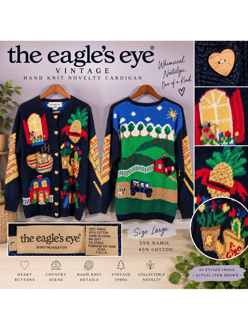 Vintage The Eagle's Eye Farm Cardigan L Hand Knit Novelty Country Cottage 80s